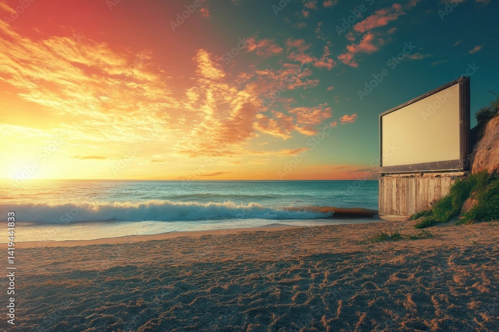 Fototapeta premium Outdoor movie screen at the beach during a vibrant sunset over the ocean