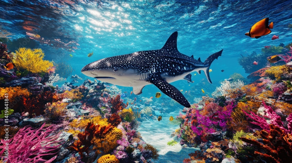 Fototapeta premium Majestic Whale Shark Gracefully Navigates Vibrant Coral Reef