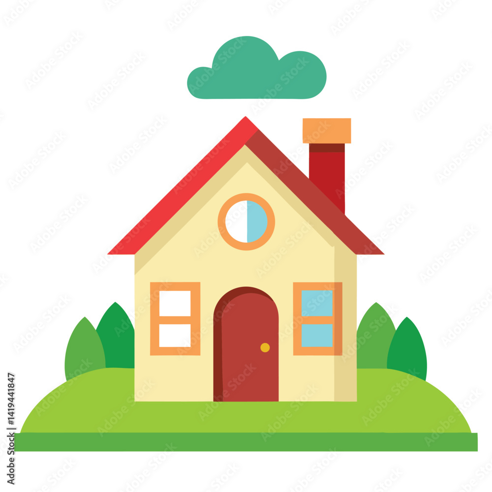 Simple Isolated Flat House With Cloud, Red Roof, and Yard on White Background Simple Isolated Flat House With Cloud, Red Roof, and Yard on White Background