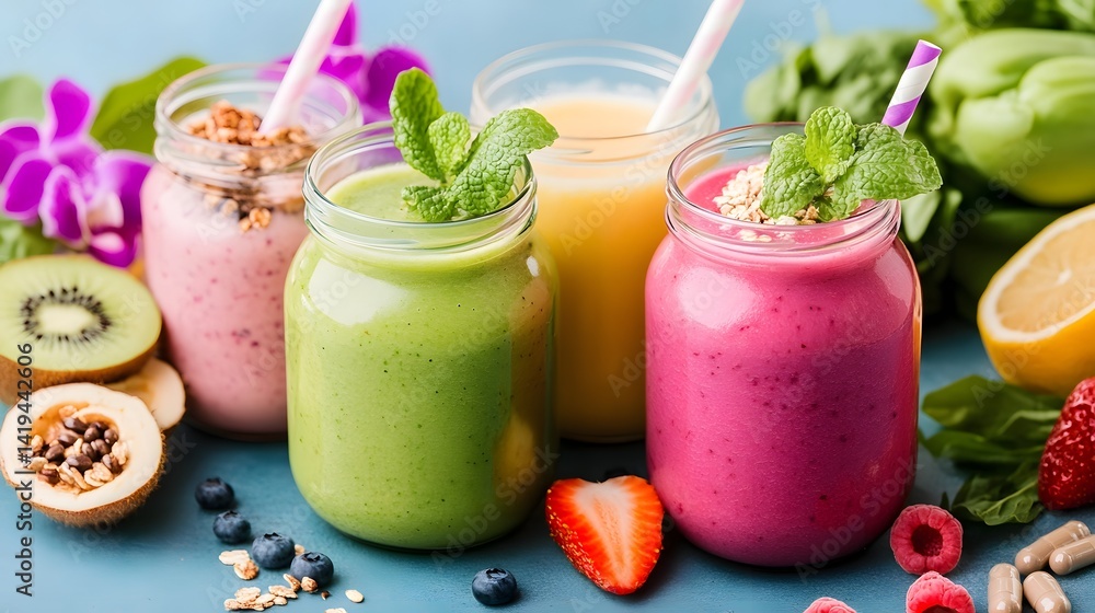 A colorful display of delicious smoothies in mason jars, garnished with mint and surrounded by fresh fruits and greens, perfect for a healthy lifestyle and vibrant presentation. A colorful display of delicious smoothies in mason jars, garnished with mint and surrounded by fresh fruits and greens, perfect for a healthy lifestyle and vibrant presentation.