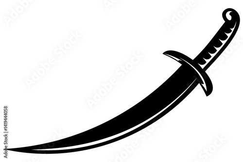 Vector Illustration of Single Black Saber Silhouette, Curved Medieval or Pirate Sword Icon Isolated on White Background, Perfect for Game or Story Elements