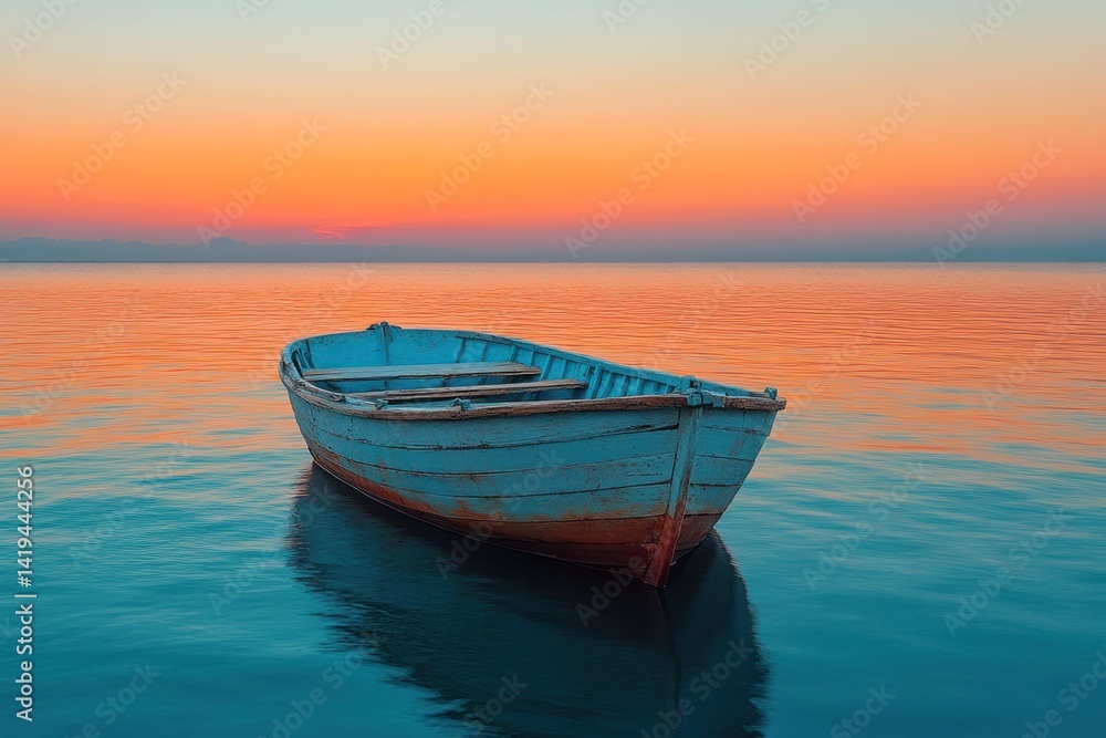 Peaceful sunrise, old boat floats on calm lake Peaceful sunrise, old boat floats on calm lake