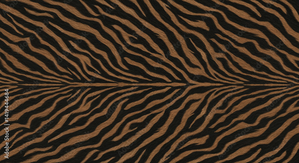 A close up of a tiger stripe pattern with brown and black stripes repeating across the surface evenly