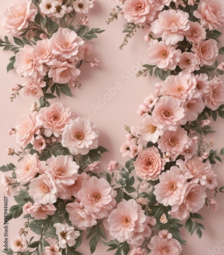 Delicate pastel pink floral wall; vintage-style artificial blooms  ,  soft,  flower wall,  pastel