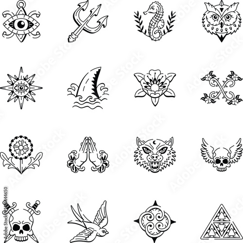 Collection of Hand Drawn Tattoo Design Icons 

