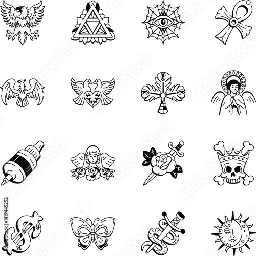 Set of Hand Drawn Sacred Tattoo Icons 
