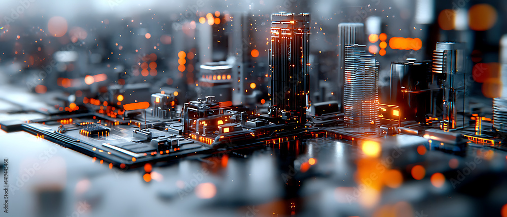 Fototapeta premium Dynamic urban skyline futuristic city digital artwork nighttime aerial view technology concept