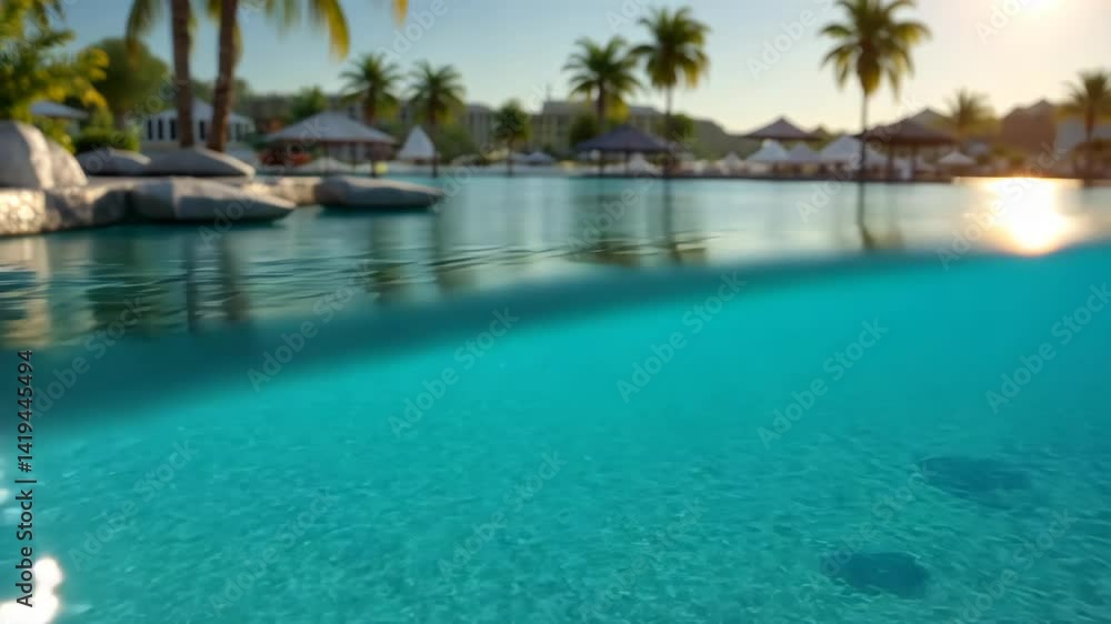 Split-level view showcasing clear turquoise water and a resort landscape with palm trees and cabanas in soft sunlight, evoking a tropical ambiance. Split-level view showcasing clear turquoise water and a resort landscape with palm trees and cabanas in soft sunlight, evoking a tropical ambiance.