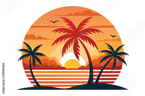 Tropical Palm Tree Silhouettes with Sunset over Ocean Design