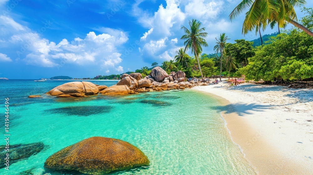 Naklejka premium Idyllic Tropical Beach Scene: Turquoise Waters, White Sand, and Lush Palm Trees