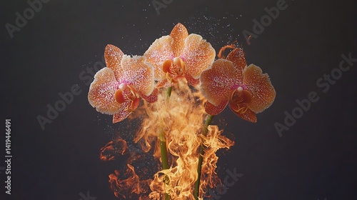 Orchids in fire; water droplets; dramatic close-up; still life; possible use in nature or abstract art