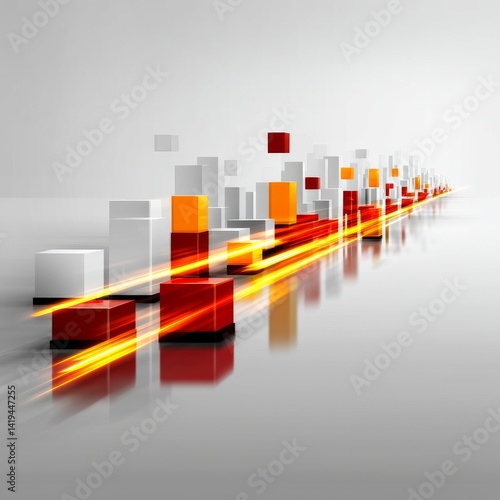 Obraz na płótnie Abstract Geometric Cityscape with Light Streaks: Modern Design with 3D Cubes in Red, Orange, and White w salonie