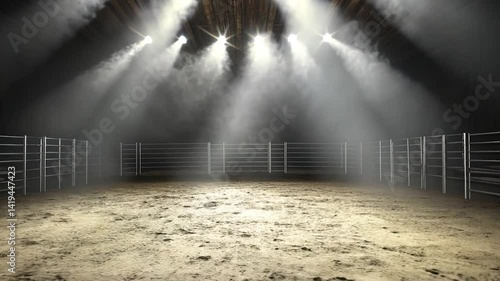 Empty rodeo arena lit by spotlights