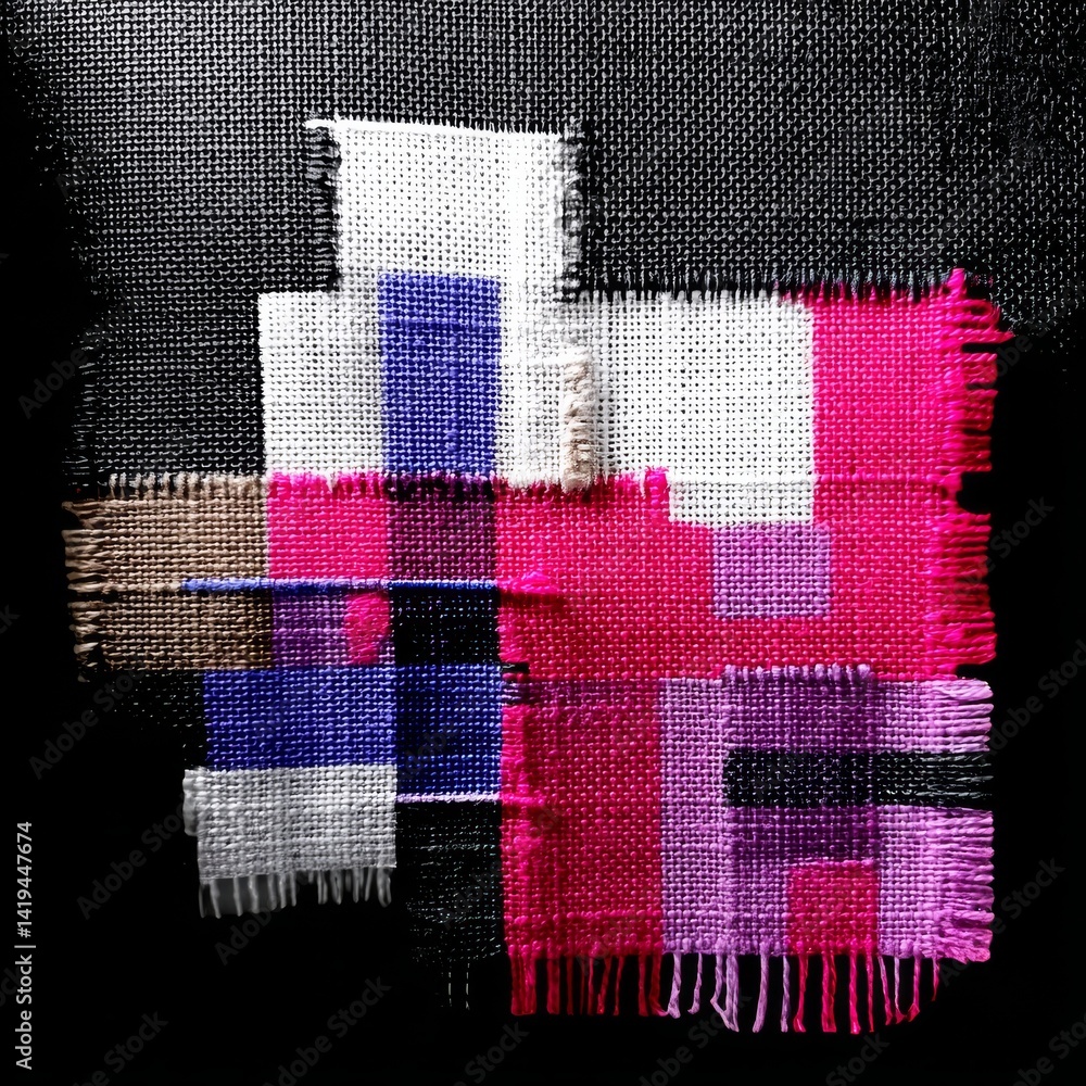 Abstract Texture: A Colorful Collage of Woven Fabric with Fringe Accents on a Dark, Contrasting Background