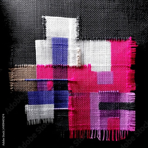 Obraz na płótnie Abstract Texture: A Colorful Collage of Woven Fabric with Fringe Accents on a Dark, Contrasting Background w salonie