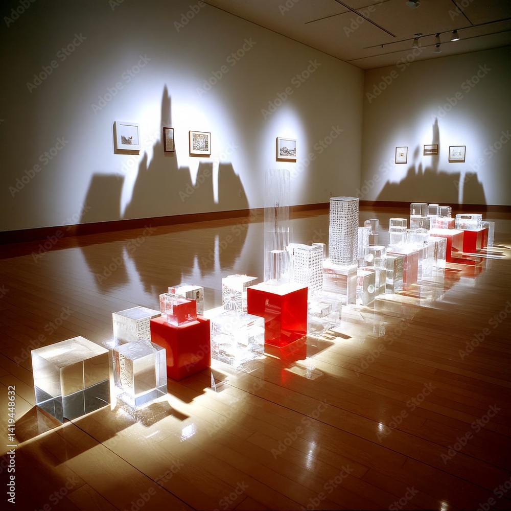 Cityscape of Clear and Red Blocks with Projected Shadows on the Wall in Gallery Exhibition
