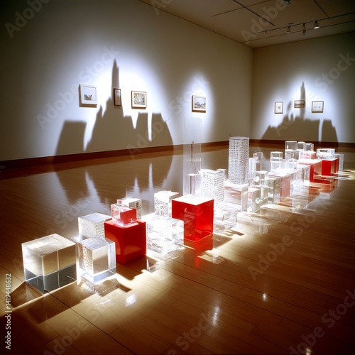 Obraz na płótnie Cityscape of Clear and Red Blocks with Projected Shadows on the Wall in Gallery Exhibition w salonie