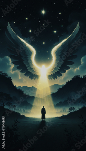 Majestic Angel Descending, Guiding Light on a Misty Mountain Path