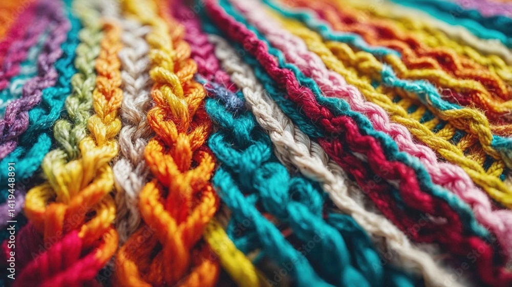 A close-up of vibrant, hand-crocheted colorful threads arranged in beautiful patterns, showcasing a variety of rainbow colors and intricate stitching techniques A close-up of vibrant, hand-crocheted colorful threads arranged in beautiful patterns, showcasing a variety of rainbow colors and intricate stitching techniques