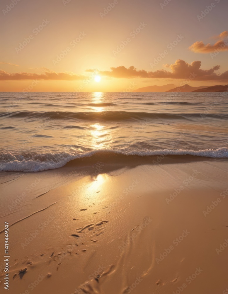 Obraz premium Golden sand, gentle waves lapping shore, distant island silhouette against sunset, dusk, sky