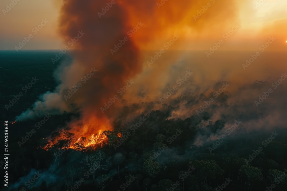 Obraz premium Massive wildfire engulfs a dense forest at sunset.