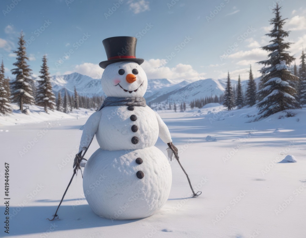 Obraz premium Lonely snowman in snowy field, skis & snowboard nearby, cold, nature, winter sports