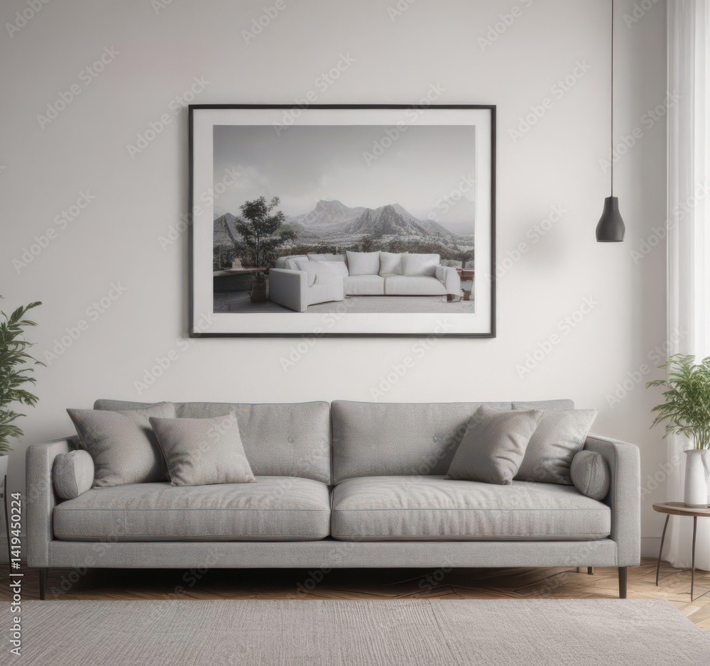 Fototapeta premium Grey couch, white wall, framed posters, stylish pillows, home, furniture, white