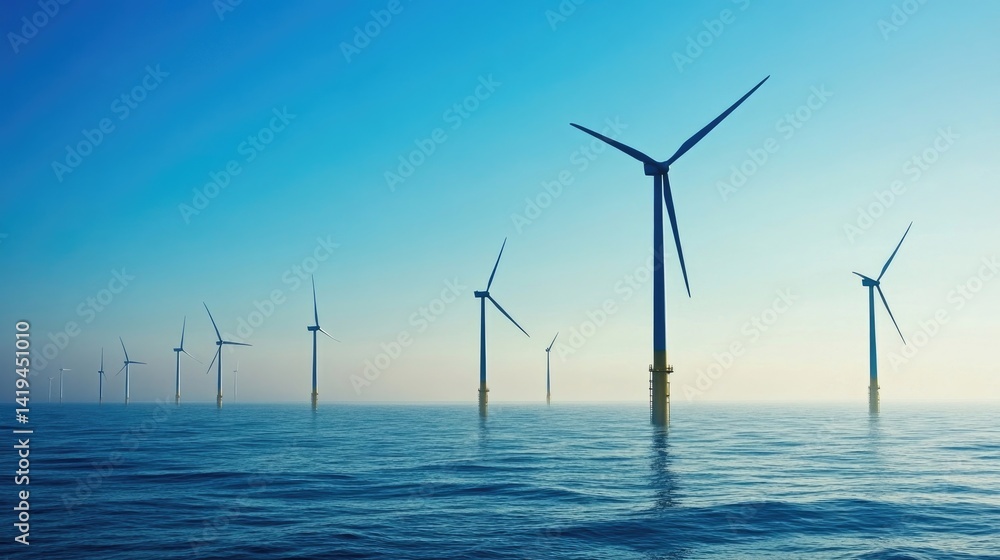Windmill park, offshore wind turbines farm on the ocean, sustainable energy production Windmill park, offshore wind turbines farm on the ocean, sustainable energy production