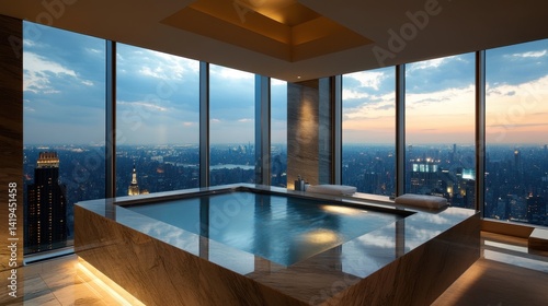 Bathtub overlooks a breathtaking city skyline at dusk