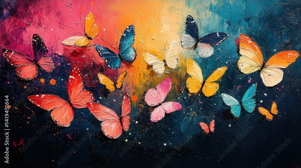Chromatic Butterflies in Flight: A mesmerizing display of colorful butterflies takes wing against a vibrant, painterly backdrop, creating a dreamlike panorama of nature's delicate beauty.