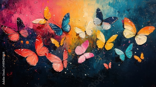 Obraz na płótnie Chromatic Butterflies in Flight: A mesmerizing display of colorful butterflies takes wing against a vibrant, painterly backdrop, creating a dreamlike panorama of nature's delicate beauty. w salonie