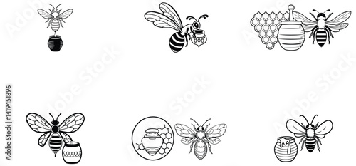Bee with honey pot unique hand drawn line art silhouette vector set design