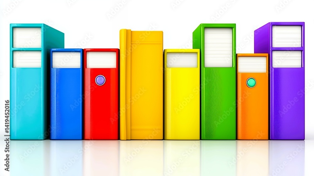 Colorful Binders and Books in a Row on White Background Colorful Binders and Books in a Row on White Background