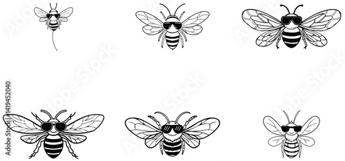 Bee with sunglass unique hand drawn line art silhouette set design