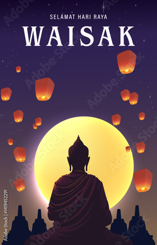 Vesak Day Creative Concept for Card or Banner. Vesak Day is a holy day for Buddhists. Happy Buddha Day with Siddhartha Gautama Statue Design Vector Illustration