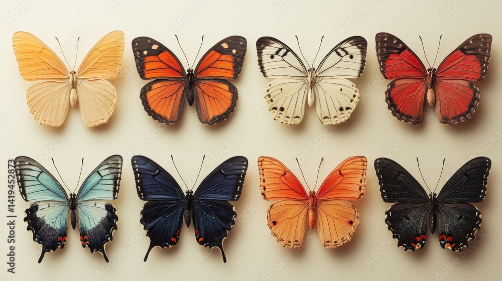 Vibrant Butterfly Collection: A mesmerizing collection of butterflies displaying a stunning spectrum of colors and intricate patterns. Vibrant Butterfly Collection: A mesmerizing collection of butterflies displaying a stunning spectrum of colors and intricate patterns.