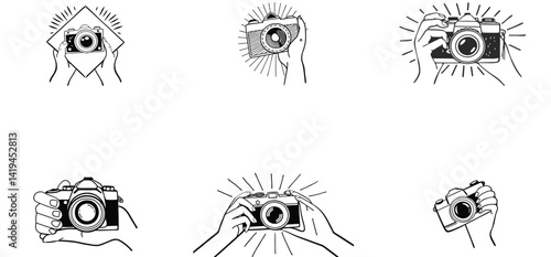 Camera holding by hand unique hand drawn line art silhouette vector set design