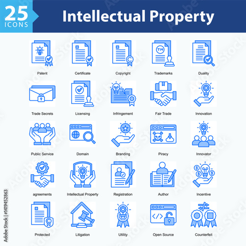 Intellectual Property Rights is a collection of icons in sheet format representing legal elements and protection of intellectual property rights in the digital era.