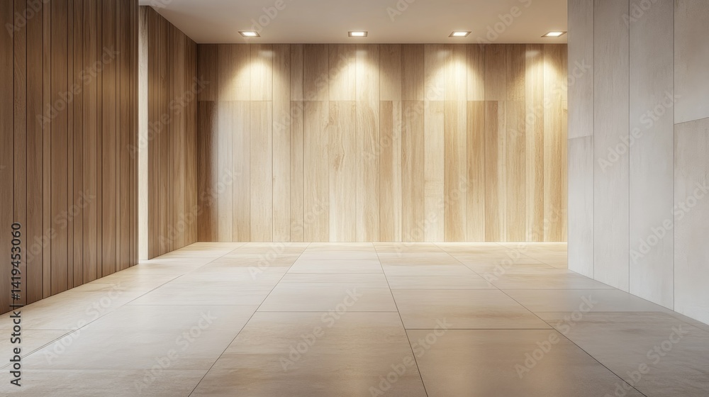 Obraz premium Contemporary meeting room with a wooden feature wall and clean blank posters ready for corporate branding