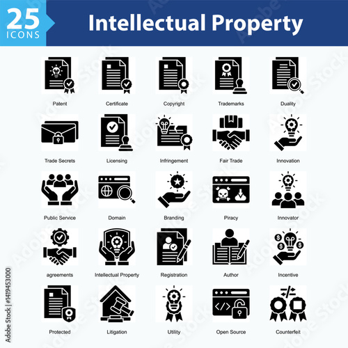Intellectual Property Rights is a collection of icons in sheet format representing legal elements and protection of intellectual property rights in the digital era.
