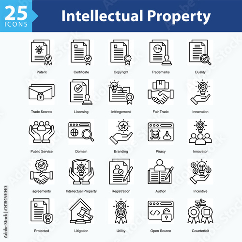 Intellectual Property Rights is a collection of icons in sheet format representing legal elements and protection of intellectual property rights in the digital era.