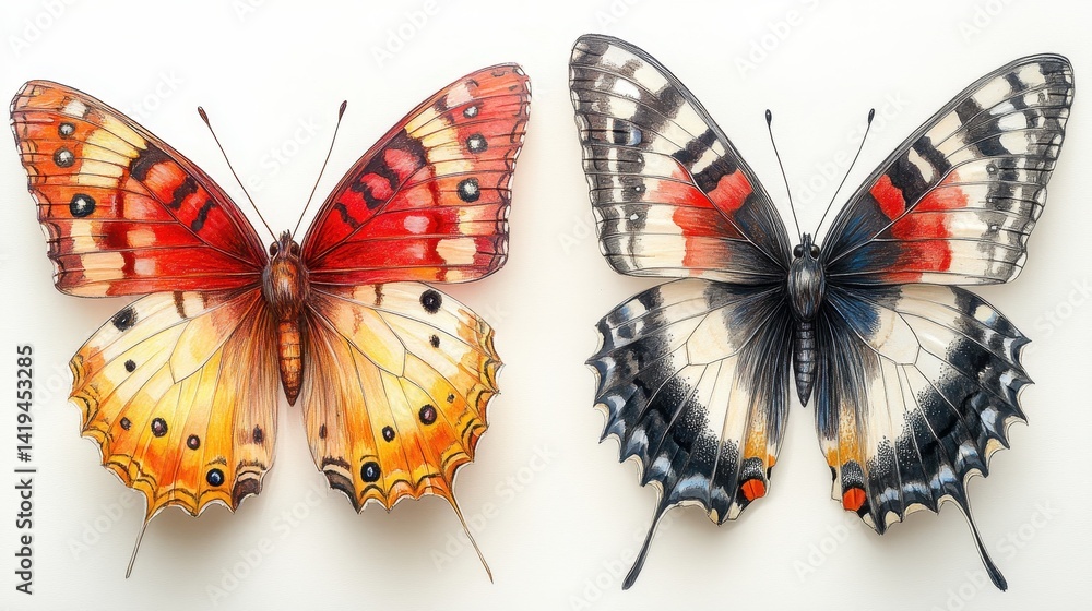 Captivating Butterfly Duo: A stunning close-up of two butterflies, each displaying intricate wing patterns and vibrant colors, offers a glimpse into nature's artistry.