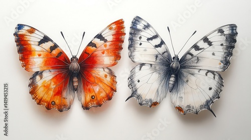 Obraz na płótnie Two Butterflies: A vibrant orange and a stark white butterfly, showcasing their intricate wing patterns, are displayed side-by-side against a simple backdrop. w salonie