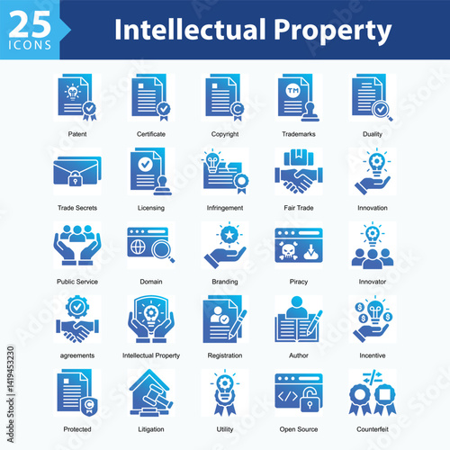 Intellectual Property Rights is a collection of icons in sheet format representing legal elements and protection of intellectual property rights in the digital era.