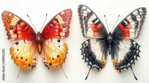 Obraz na płótnie Captivating Butterfly Duo: A stunning close-up of two butterflies, each displaying intricate wing patterns and vibrant colors, offers a glimpse into nature's artistry. w salonie