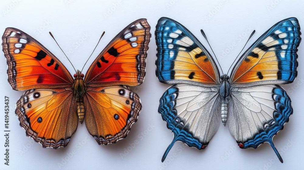 Vibrant Butterfly Duo: A mesmerizing pair of butterflies showcases intricate wing patterns, featuring vivid hues and delicate details, offering a glimpse into the beauty of nature's design.
