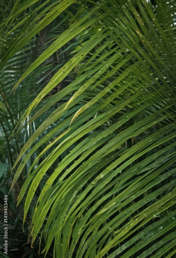 Naklejka premium Intricate texture of a vibrant green palm frond, tropical detail , palm, biology