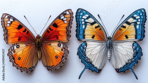 Obraz na płótnie Vibrant Butterfly Duo: A mesmerizing pair of butterflies showcases intricate wing patterns, featuring vivid hues and delicate details, offering a glimpse into the beauty of nature's design. w salonie