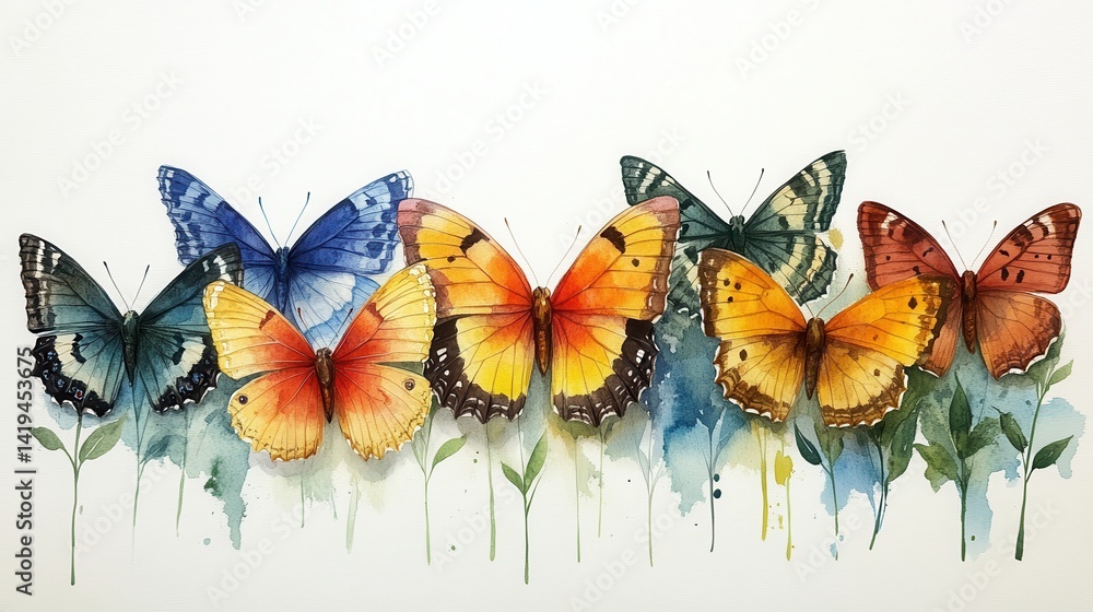 Butterflies in Flight: A collection of vibrantly hued butterflies, depicted with delicate watercolor strokes. These elegant insects are showcased mid-flight, poised above a gentle landscape.