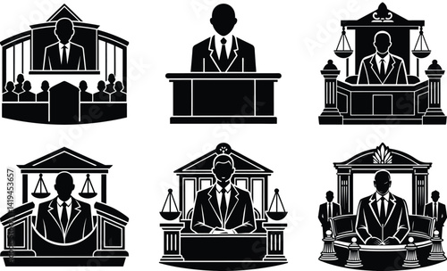 Lawyer in a courtroom silhouette black vector art design set